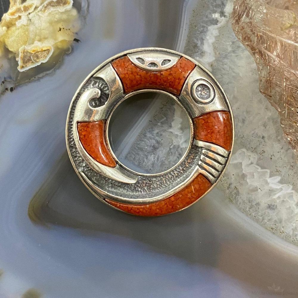 Carolyn Pollack Southwestern Style Sterling Silver Coral Chip Inlay Ring Brooch